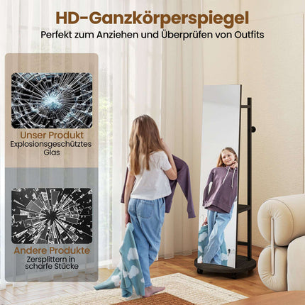 Ganzkörperspiegel mit Haken, Regalen und Rollen, Schwarz