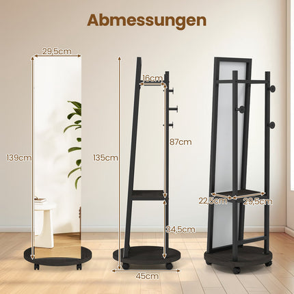 Ganzkörperspiegel mit Haken, Regalen und Rollen, Schwarz