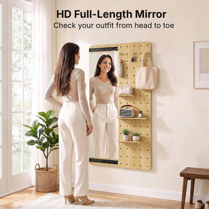 Full Length Mirror with Sliding Pegboard and 3 Shelves, Solid Wood, Natural
