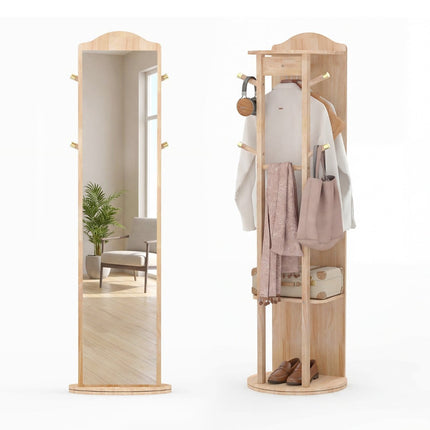 Ganzkörperspiegel mit Standfuß, drehbare Garderobe, Naturholz