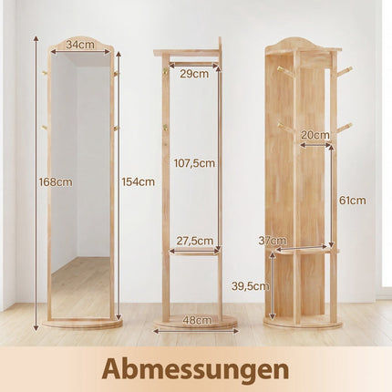 Ganzkörperspiegel mit Standfuß, drehbare Garderobe, Naturholz