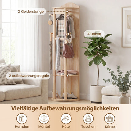 Ganzkörperspiegel mit Standfuß, drehbare Garderobe, Naturholz