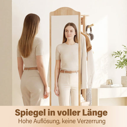 Ganzkörperspiegel mit Standfuß, drehbare Garderobe, Naturholz
