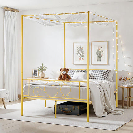 Full Size Metal Canopy Bed Frame, Gold, Steel Slats, Underbed Storage