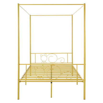 Full Size Metal Canopy Bed Frame, Gold, Steel Slats, Underbed Storage