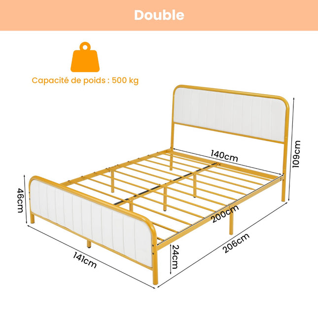 Full Size Metal Platform Bed Frame, Gold, Padded Headboard
