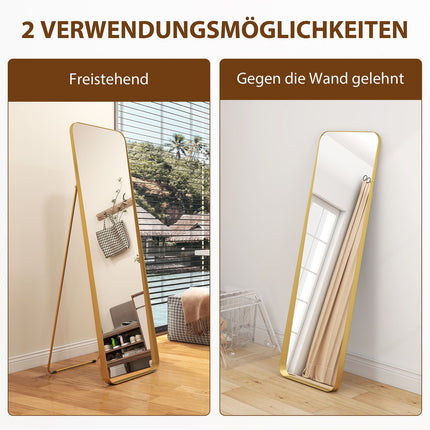 Ganzkörperspiegel, freistehend, neigbar, Metallrahmen, MDF, 160 x 50 cm, goldfarben