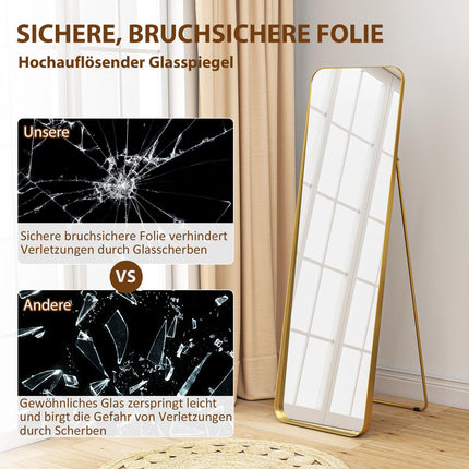 Ganzkörperspiegel, freistehend, neigbar, Metallrahmen, MDF, 160 x 50 cm, goldfarben