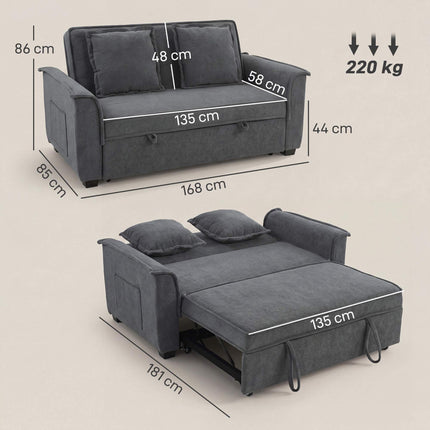 Futon Sofa Bed, Adjustable Backrest, 2 Seater, Dark Gray, 2 Pillows