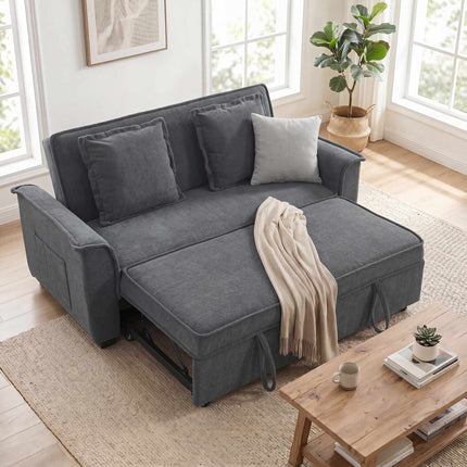 Futon Sofa Bed, Adjustable Backrest, 2 Seater, Dark Gray, 2 Pillows