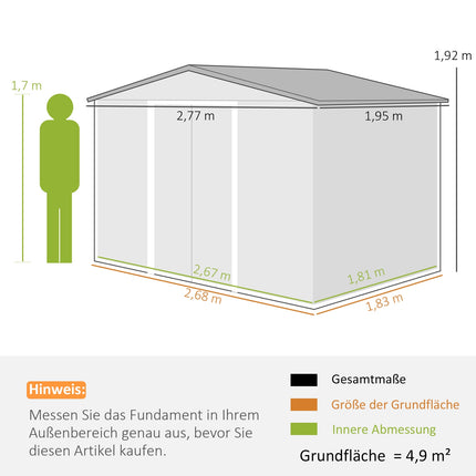 Galvanized steel garden shed, 4.9 m², weatherproof and lockable