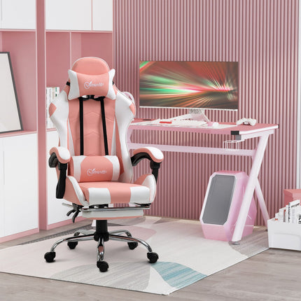 Gamestoel, Computerstoel, Ergonomische Bureaustoel Met Hoofdsteun, Lendenkussen, In Hoogte Verstelbaar, 360° Draaibaar, Roze + Wit