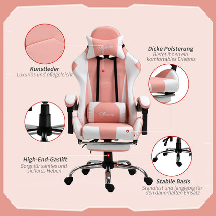 Gamestoel, Computerstoel, Ergonomische Bureaustoel Met Hoofdsteun, Lendenkussen, In Hoogte Verstelbaar, 360° Draaibaar, Roze + Wit