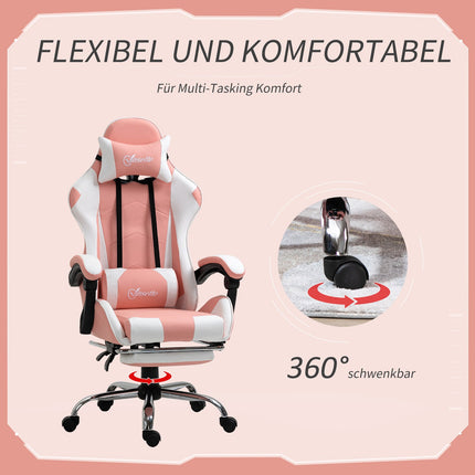 Gamestoel, Computerstoel, Ergonomische Bureaustoel Met Hoofdsteun, Lendenkussen, In Hoogte Verstelbaar, 360° Draaibaar, Roze + Wit