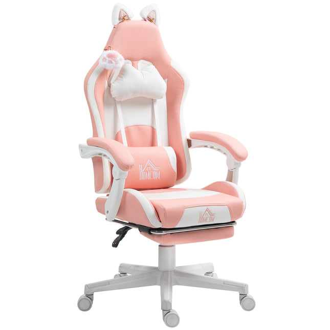 Ergonomischer rosafarbener Gaming-Stuhl mit Lordosenstütze und Fußstütze