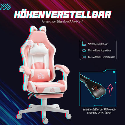 Ergonomischer rosafarbener Gaming-Stuhl mit Lordosenstütze und Fußstütze