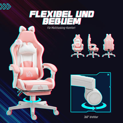 Ergonomischer rosafarbener Gaming-Stuhl mit Lordosenstütze und Fußstütze