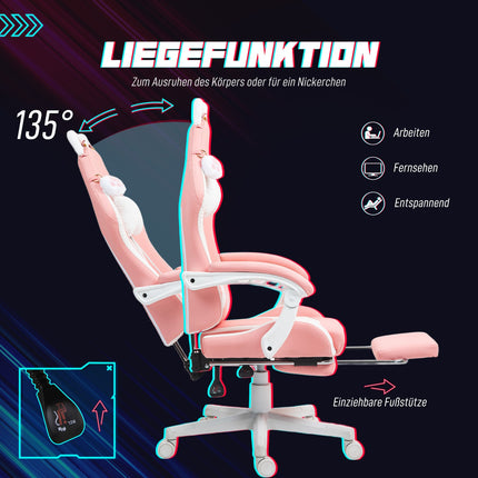 Ergonomischer rosafarbener Gaming-Stuhl mit Lordosenstütze und Fußstütze