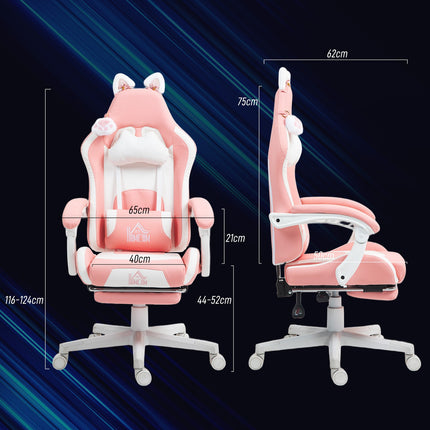 Ergonomischer rosafarbener Gaming-Stuhl mit Lordosenstütze und Fußstütze