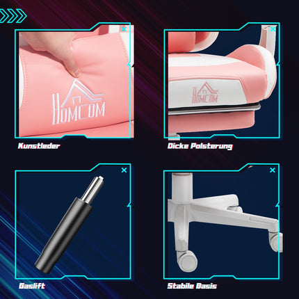 Ergonomischer rosafarbener Gaming-Stuhl mit Lordosenstütze und Fußstütze