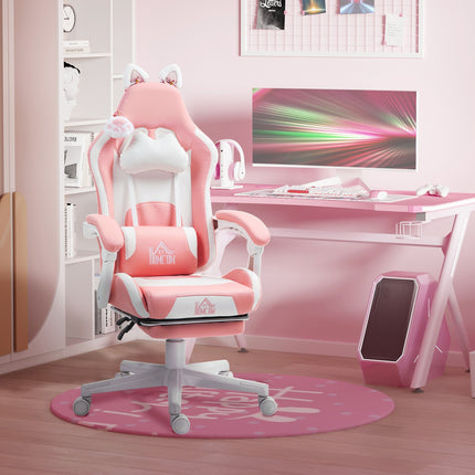 Ergonomischer rosafarbener Gaming-Stuhl mit Lordosenstütze und Fußstütze