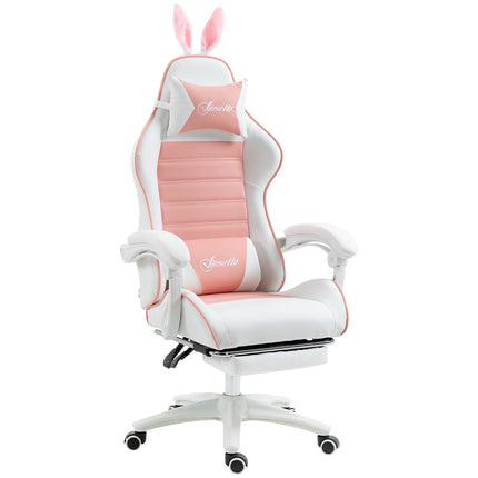 Rosa ergonomischer Gaming-Stuhl mit Lordosenstütze und Fußstütze