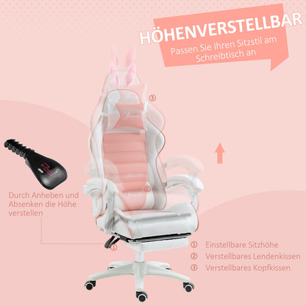 Rosa ergonomischer Gaming-Stuhl mit Lordosenstütze und Fußstütze