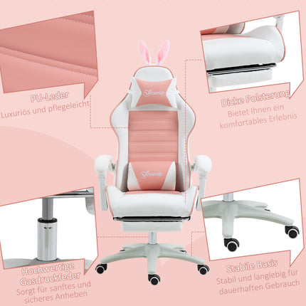 Rosa ergonomischer Gaming-Stuhl mit Lordosenstütze und Fußstütze