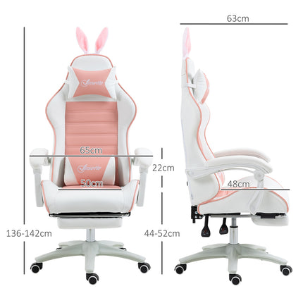 Rosa ergonomischer Gaming-Stuhl mit Lordosenstütze und Fußstütze