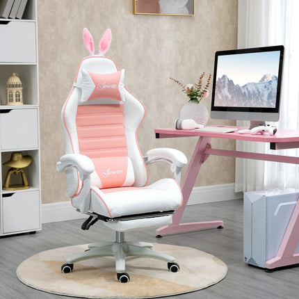 Rosa ergonomischer Gaming-Stuhl mit Lordosenstütze und Fußstütze