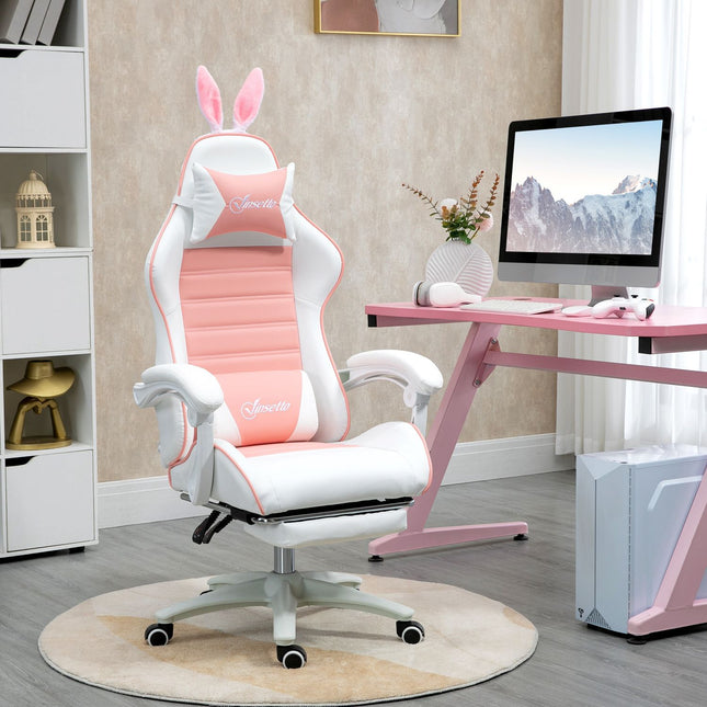 Ergonomická herní židle s bederní opěrkou a podnožkou, růžová