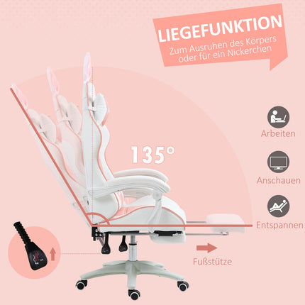Rosa ergonomischer Gaming-Stuhl mit Lordosenstütze und Fußstütze