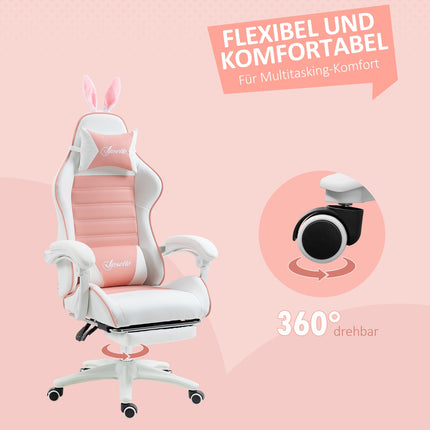 Rosa ergonomischer Gaming-Stuhl mit Lordosenstütze und Fußstütze