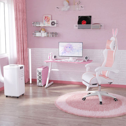 Rosa ergonomischer Gaming-Stuhl mit Lordosenstütze und Fußstütze