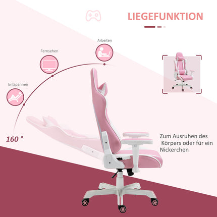 Pink-weißer Gaming-Stuhl, verstellbar, Lordosenstütze, Kunstleder