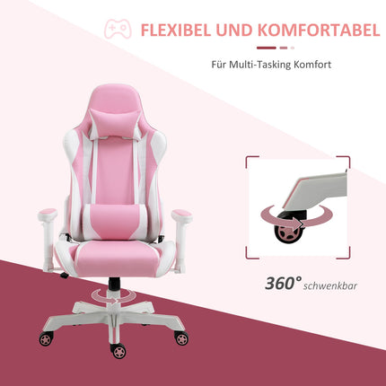 Pink-weißer Gaming-Stuhl, verstellbar, Lordosenstütze, Kunstleder