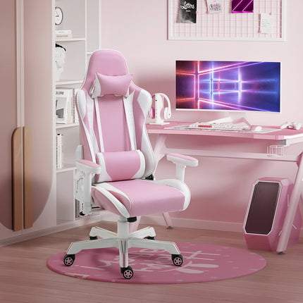 Pink-weißer Gaming-Stuhl, verstellbar, Lordosenstütze, Kunstleder