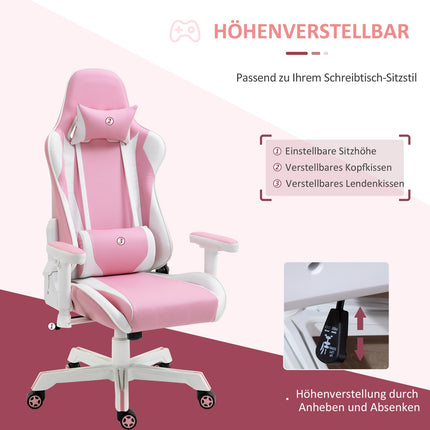 Pink-weißer Gaming-Stuhl, verstellbar, Lordosenstütze, Kunstleder