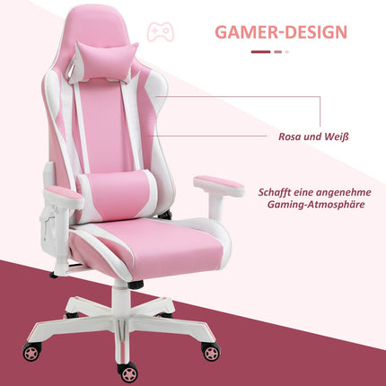 Pink-weißer Gaming-Stuhl, verstellbar, Lordosenstütze, Kunstleder