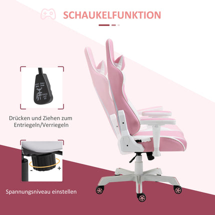 Pink-weißer Gaming-Stuhl, verstellbar, Lordosenstütze, Kunstleder