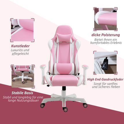 Pink-weißer Gaming-Stuhl, verstellbar, Lordosenstütze, Kunstleder