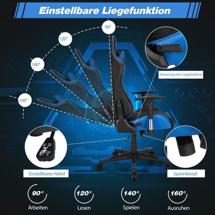 Gaming-Stuhl, Rennsport-Stil, verstellbare Rückenlehne, Blau