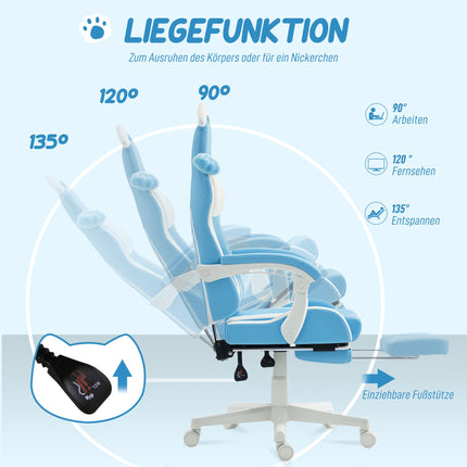 Gaming Chair With Cat Ears, 135 Recline, Footrest