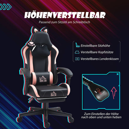 Herní židle s kočičíma ušima, polohovací, podnožka, růžová/černá