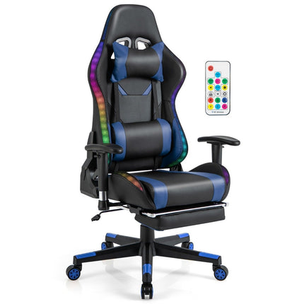 Gaming-Stuhl mit RGB-LED-Leuchten und einziehbarer Fußstütze, ergonomischer Bürostuhl, Blau