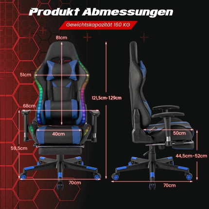 Gaming-Stuhl mit RGB-LED-Leuchten und einziehbarer Fußstütze, ergonomischer Bürostuhl, Blau