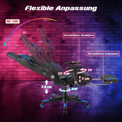 Gaming-Stuhl mit RGB-LED-Leuchten und einziehbarer Fußstütze, ergonomischer Bürostuhl, Blau