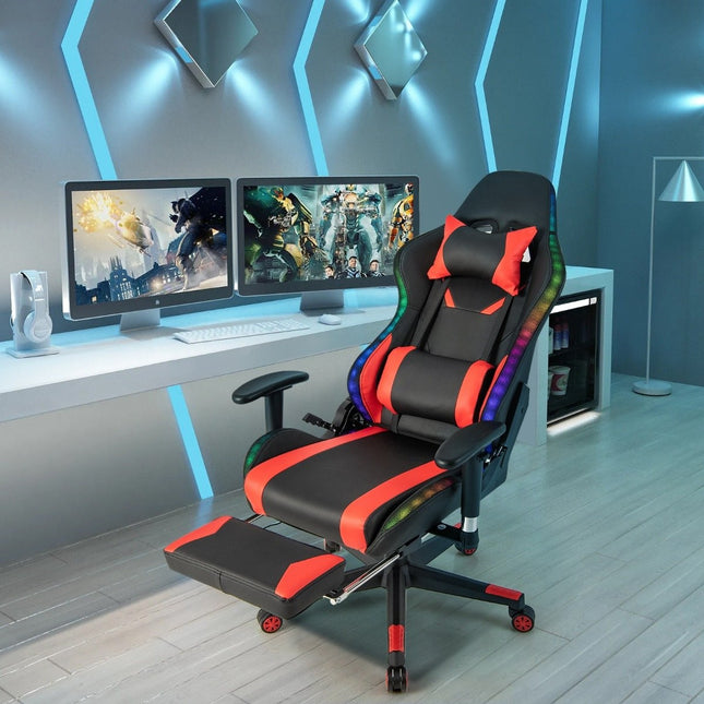 Gaming Chair with RGB LED Lights & Retractable Footrest Ergonomic Office Chair Red
