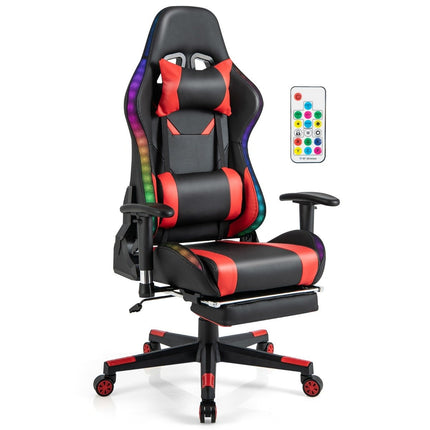 Herní židle s RGB LED osvětlením a výsuvnou podnožkou, ergonomická kancelářská židle, červená