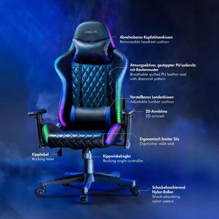 Gaming-Stuhl mit RGB-Beleuchtung, Schwarz/Blau, ergonomisches Design